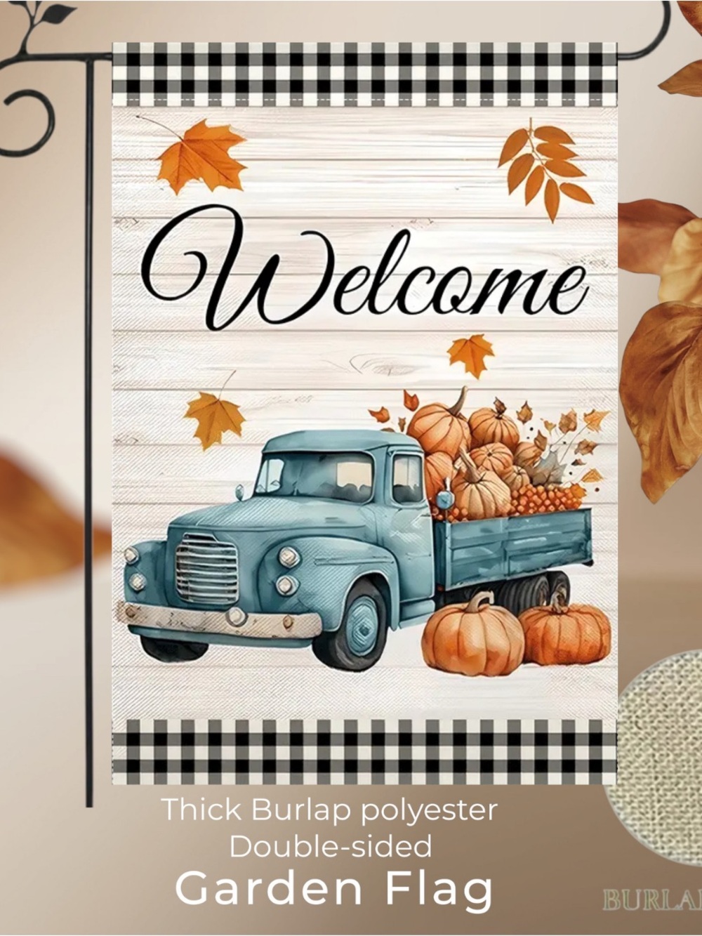 Fall Harvest Welcome Garden Flag, Burlap, double-sided, approx 12”x18”
